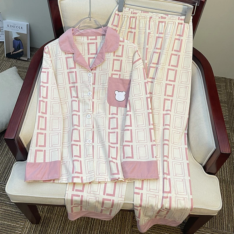 CAIYIER Women's Pajamas Autumn Winter Long Sleeve Cardigan Sleepwear Stripe Cartonn Pajamas Set Girls Kawaii Leisure Nightwear