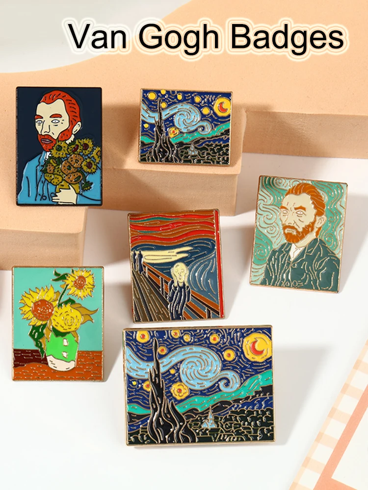 

Van Gogh Famous Art Oil Painting Badges Starry Night Sunflower Enamel Backpack Bag Lapel Pins Artistic Brooch Badge Collection