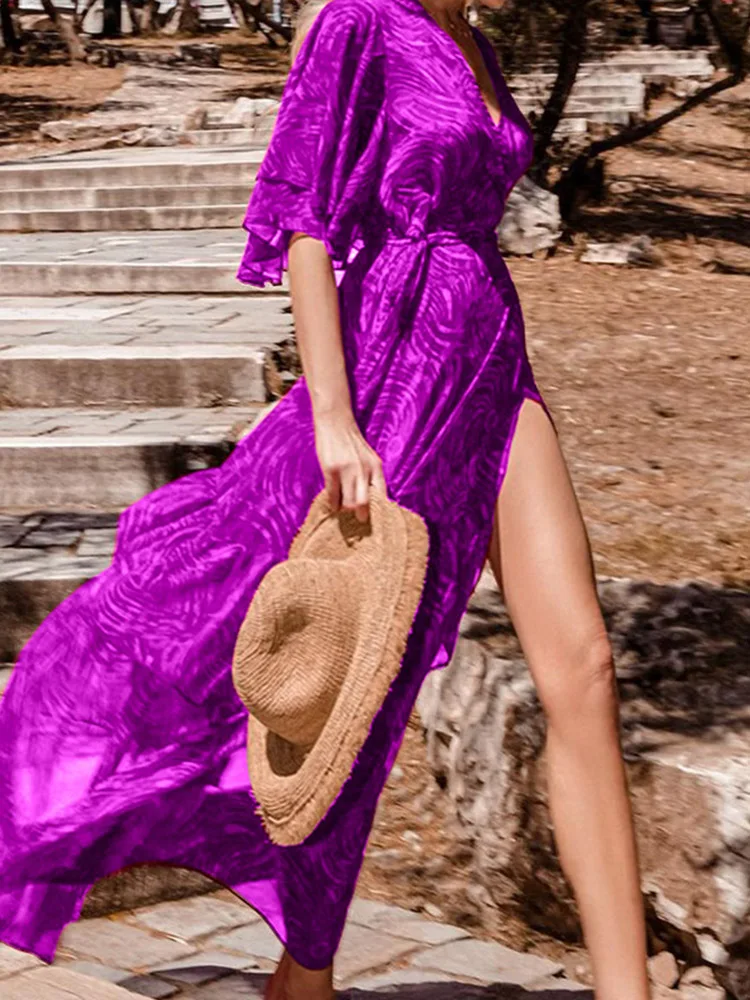 

Fashion High Slit Lady Beach Maxi Dress Elegant Printed Loose Waist Dress Vestdios Summer Casual V Neck Short Sleeve Long Dress