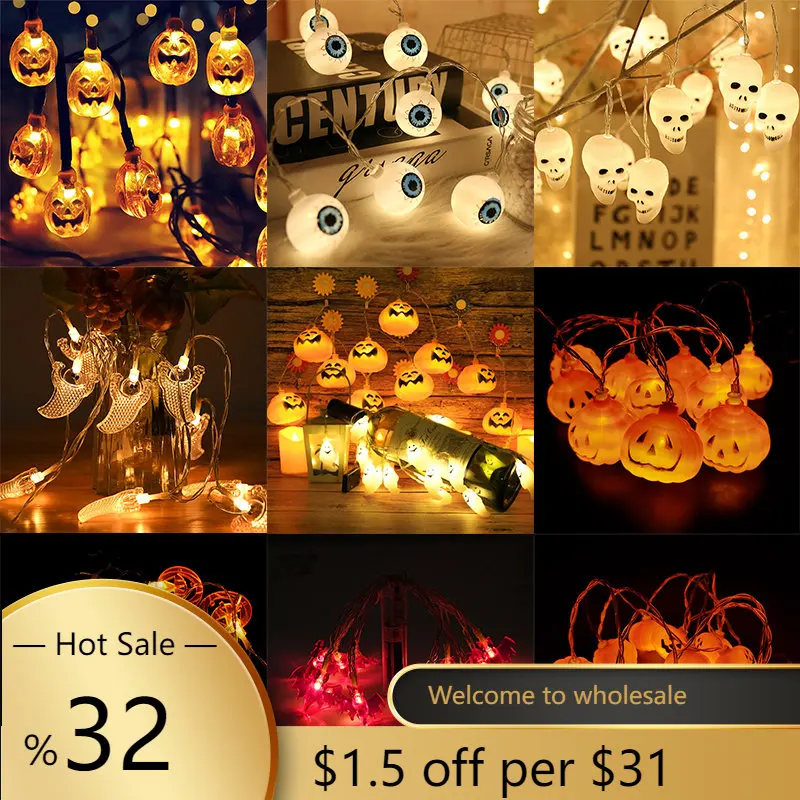 200cm 10LED Halloween LED String Lights Portable Pumpkin Ghost Skeletons Lights for Home Bar Halloween Party Decor Supplies 2022