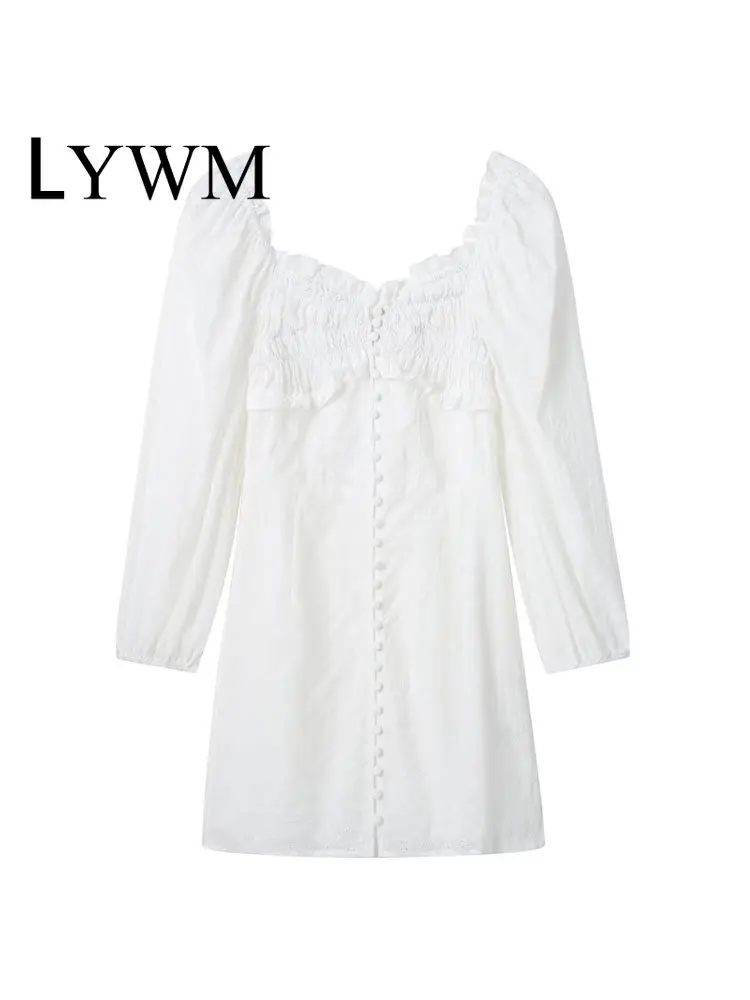 

LYWM Women Fashion Solid Lace Mini Dress Vintage Square Collar Long Sleeves Single Breasted Female Chic Lady Dresses