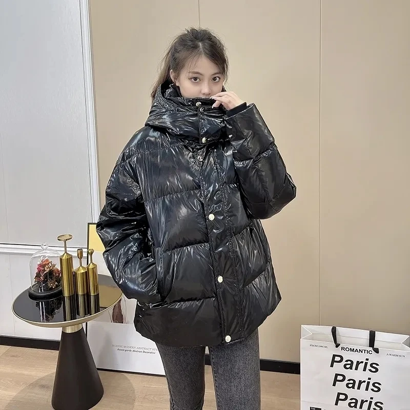 Down Jacket Women 2022 Winter New Korean Bright Fashion Casual White Duck Down Coat Female Hooded Loose Thick Warm Parkas