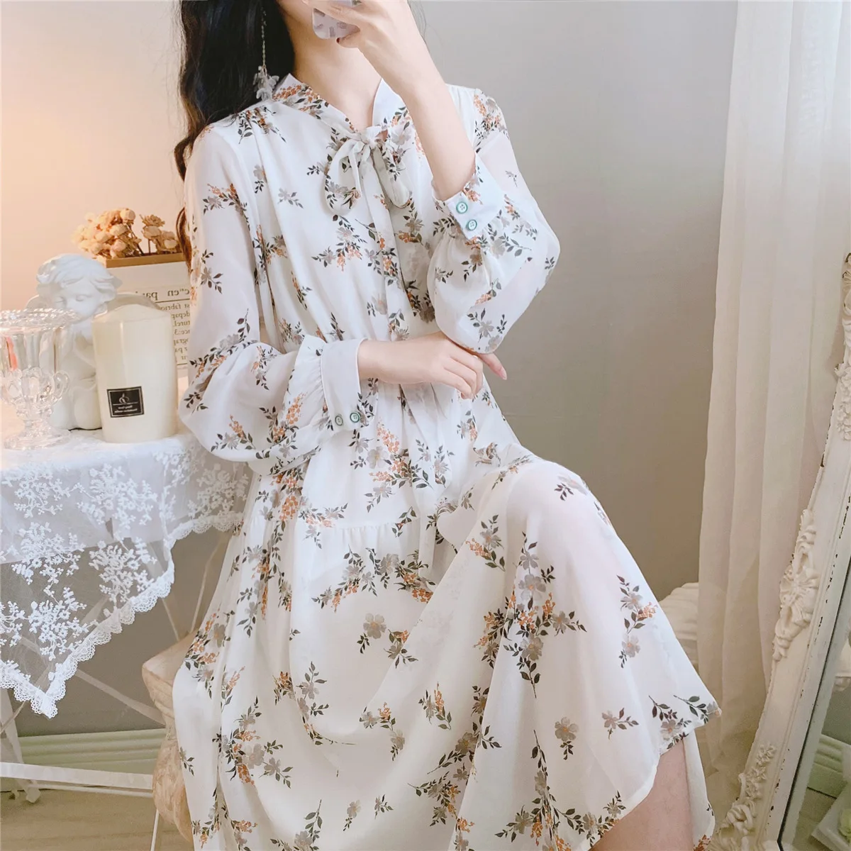 

Vintage Chiffon Dress Women High Waist Slim Summer Beach Casual Lace Up Flower Long Dresses Elegant
