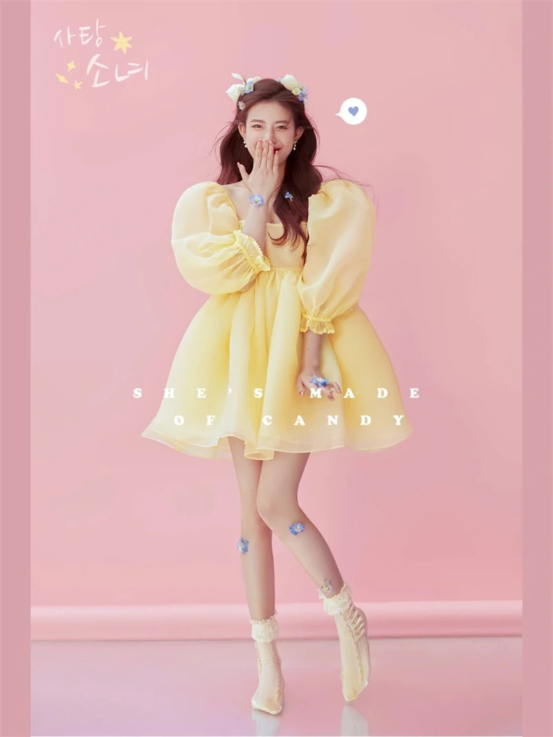 Dvotinst Women Photography Props Yellow Sweet Dress Puff Sleeve French Mini Dress for Photoshoot Art Performance Studio Shooting enlarge