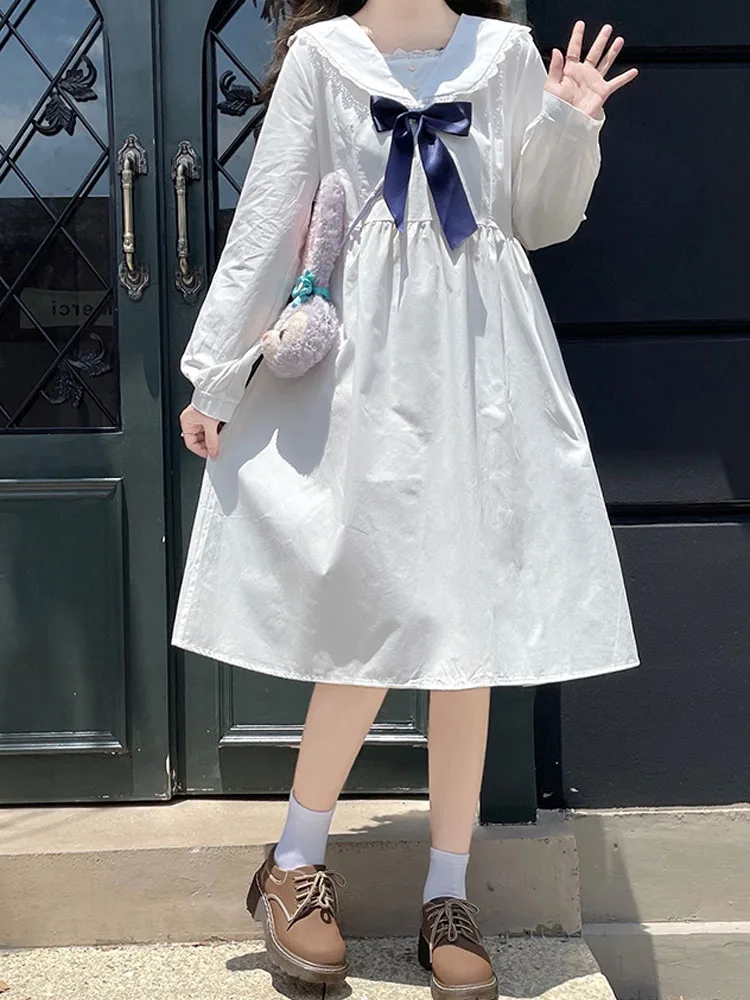 

KIMOKOKM Japanese Autumn New Kawaii Sailor Collar Bow Loli Dress Sweet Soft Girl Full Sleeve Cute Ruffles Preppy Style Dresses