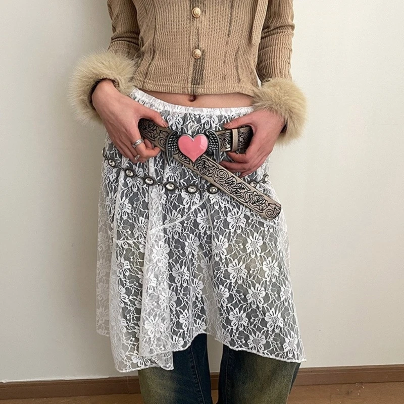 95AB Fairycore многослойная асимметричная прозрачная кружевная юбка-миди с цветочным