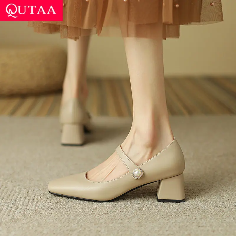 

QUTAA 2022 Women Pumps New Spring Mary Janes Buckle Female Shoes Microfiber Square Toe Retro Square Med Heels Size 34-43