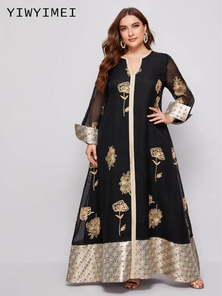 

Elegant Ethnic Print Maxi Dress For Women Spring Autumn 2022 New Muslim Jalabiya Dubai Moroccan Caftan Feminine Clothes