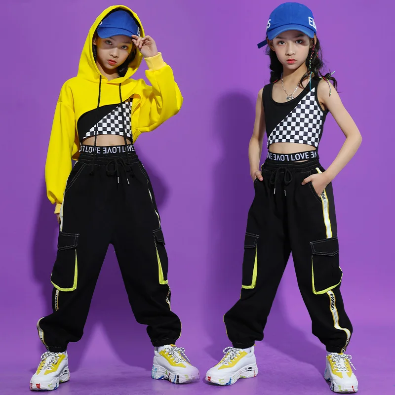 

Girls Sports Sets Hoodie Vest Pant Kids Streetwear Stage Show Jazz Dance Hip Hop Clothing Suits Children Tracksuits Costumes