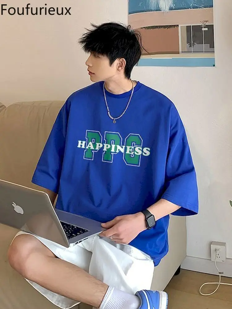 

Foufurieux Blue Vintage Letter Print Graphic Tee Women Men Loose Short Sleeve Fashion Harajuku Casual 2022 Summer Retro T Shirt