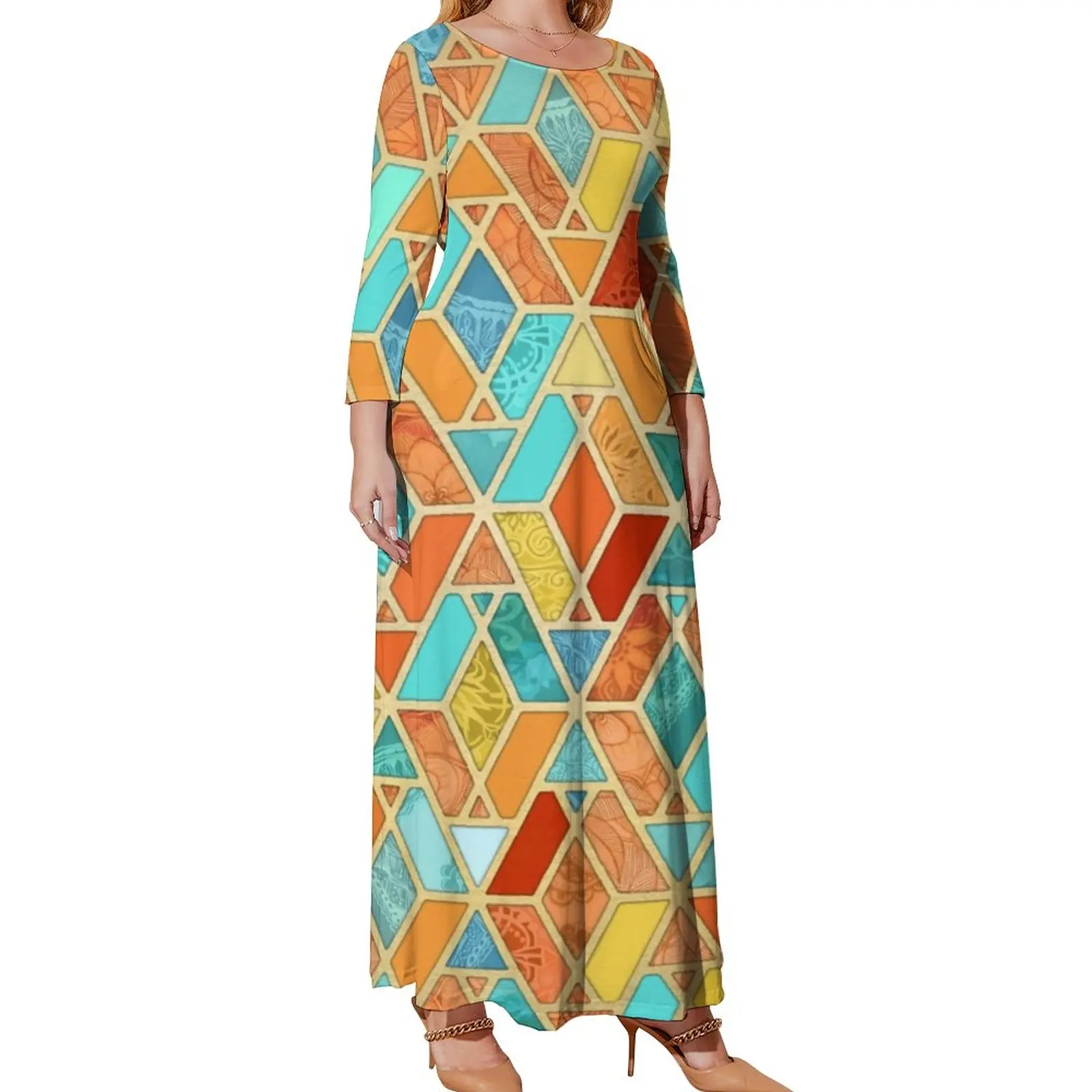 Abstract Patchwork Dress Geometric Tile Print Beach Dresses Long Sleeve Fashion Long Maxi Dress Cute Clothes Plus Size 4XL 5XL
