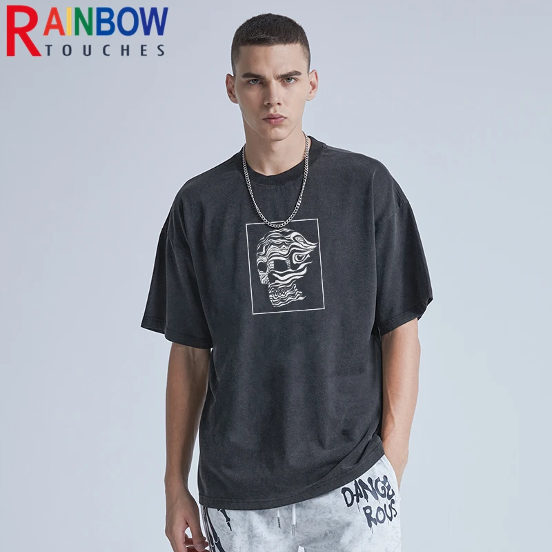 

Rainbowtouches Washed T Shirt Men Vintage Unisex High Street Original Brand Skulls Pattern Oversize Fashion Mens GraphicT-Shirts