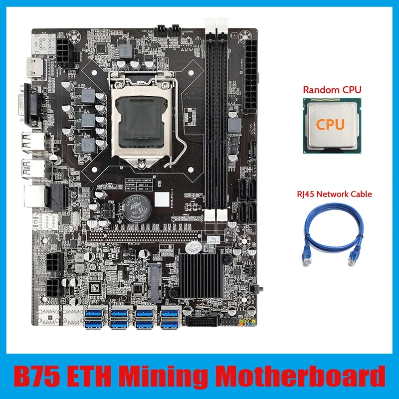 B75 ETH Mining Motherboard 8XPCIE USB Adapter+CPU+RJ45 Network Cable LGA1155 DDR3 MSATA B75 USB BTC Miner Motherboard