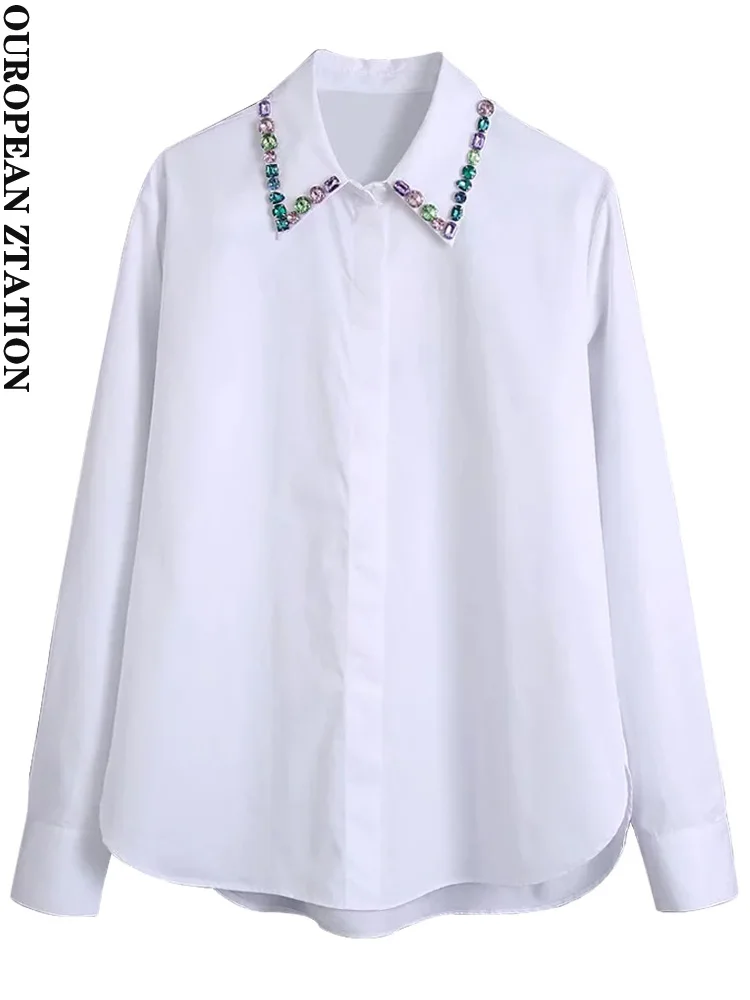 

PAILETE Women 2022 fashion with bejewelled asymmetric poplin shirts vintage long sleeve button-up female blouses blusas chic top