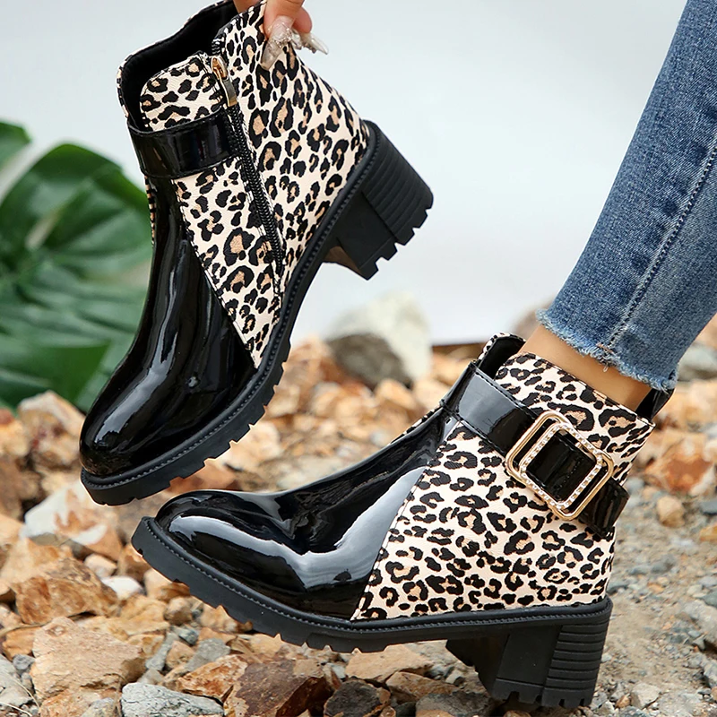 

Chunky Ankle Leopard Women Chelsea Boots 2024 Winter New Fashion Sexy Mid Heels Shoes Goth Gladiator Lady Motorcycle Botas Pumps