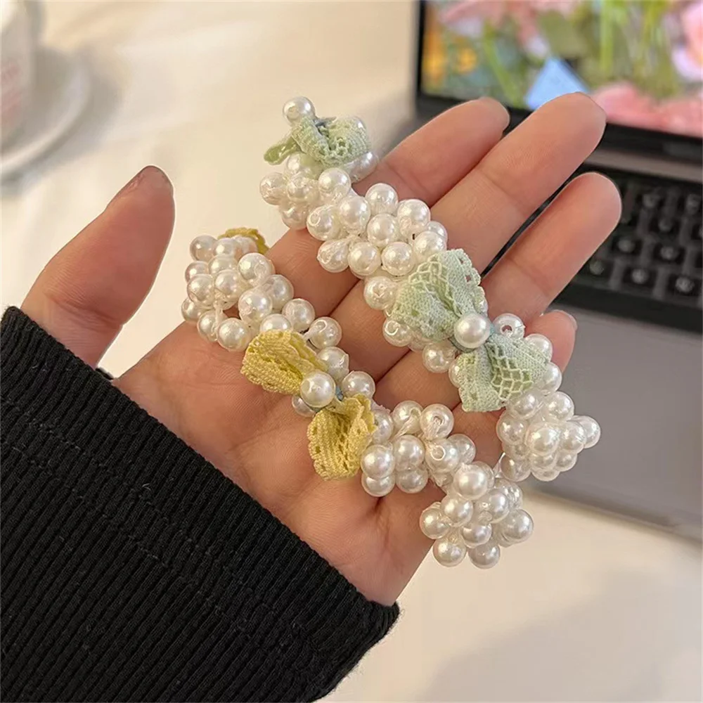 

Women Sweet Rhinestone Pearls Chiffon Bow Elastic Hair Band Full of Pearls Hair Rope Super Fairy Rubber Band Hair Accessories