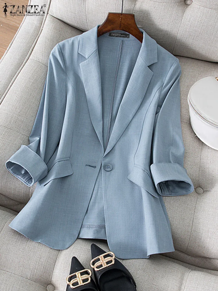 

Oversized ZANZAE Women Outwears Casual Solid Loose Suits Top Office Ladies Blazer 2022 Spring Summer 3/4 Sleeved Lapel Work Wear