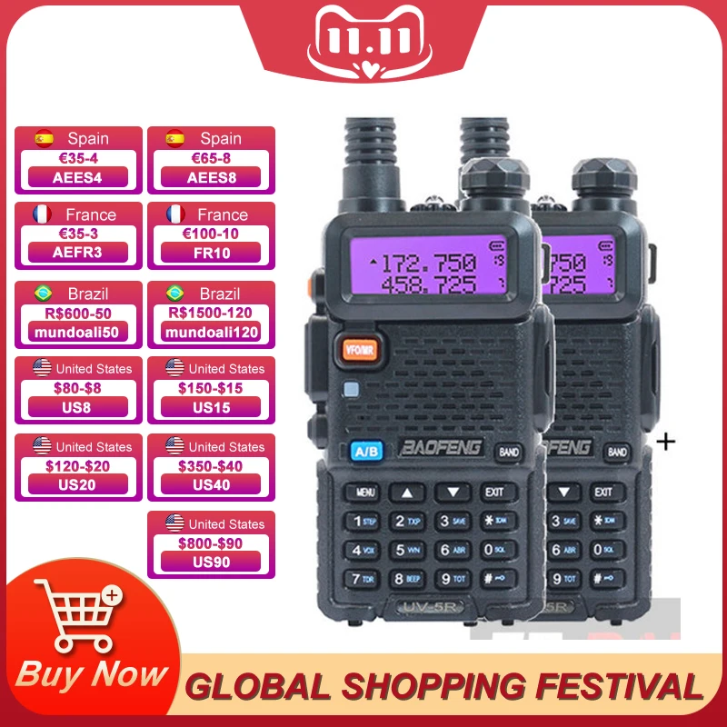 Walkie Talkie Baofeng UV 5R Radio Station Two-way Ham Boafeng Radio 2PCS Powerful Dual VHF/UHF Walike Talkies for Hunting 10KM