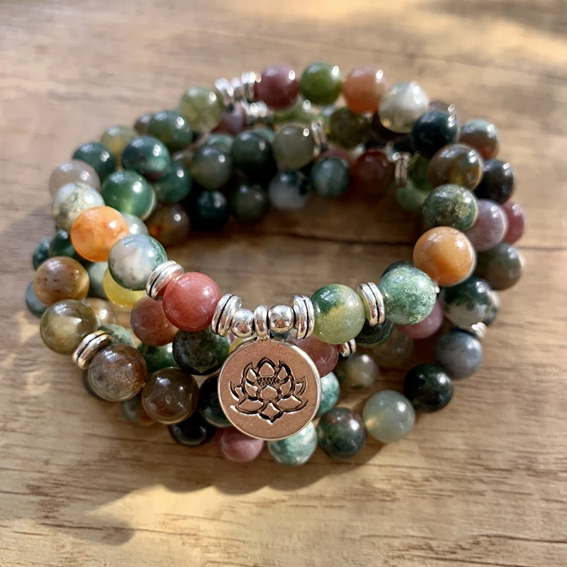 

Natural Indian Agate Bracelet 108 Buddha Beads Mala Bracelet Lotus Pendant For Women Yoga Meditation Jewelry Gifts Dropshipping