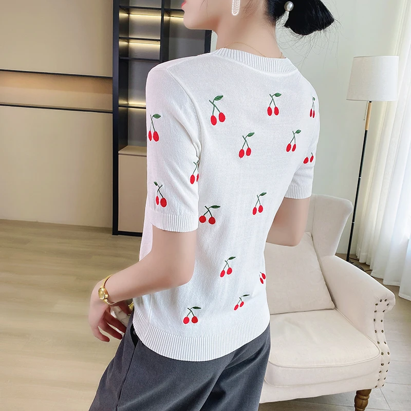 Round Neck Knit Fabric Women's Short Sleeve Summer Short Sleeve with Red Cherry Embroidery Pattern Suitable for Weight 45-70kg