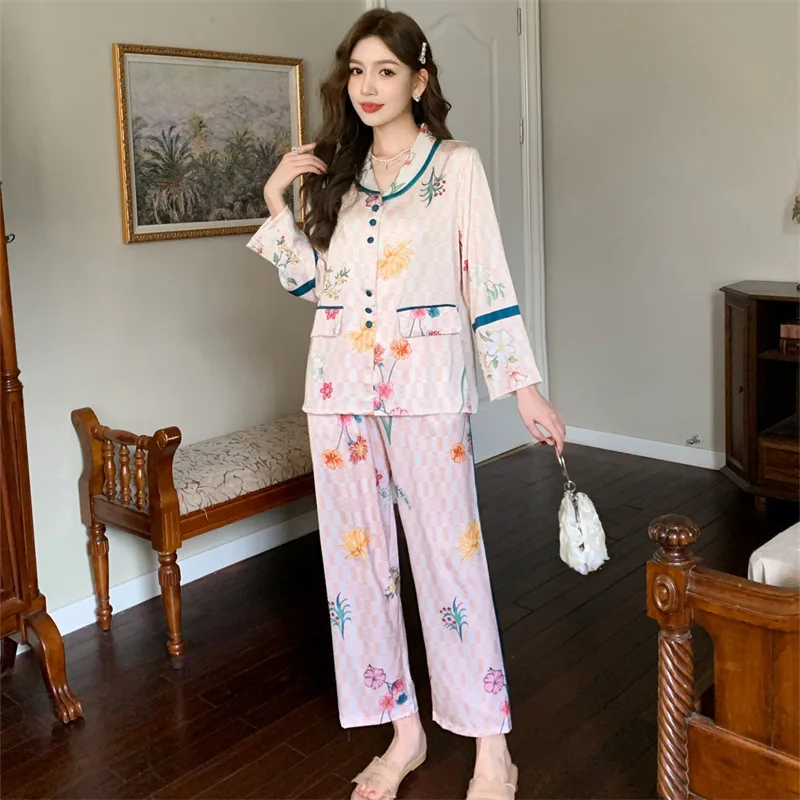 2023 New Ice Silk Pajamas Women's Suit Long-Sleeved Trousers Fashionable Printed Cardigan Homewear Can Be Worn outside