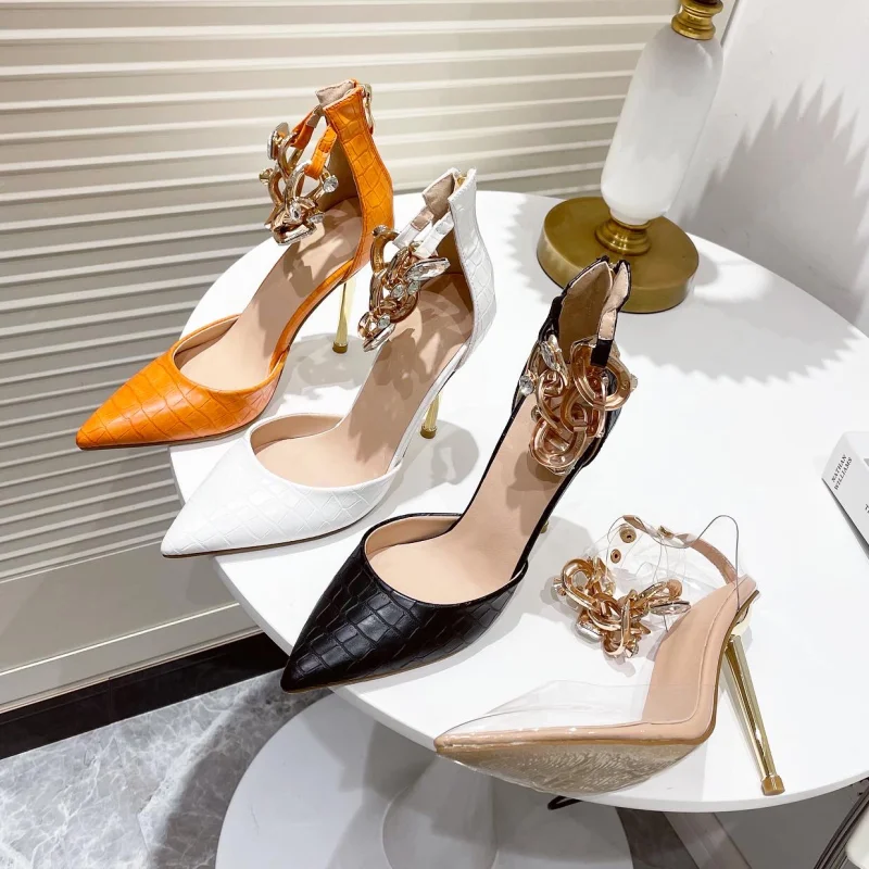 

New Summer Women's High-heeled Sandals Fashion Pointed Chain Rhinestone Stiletto Party Shoes Casual Shoes