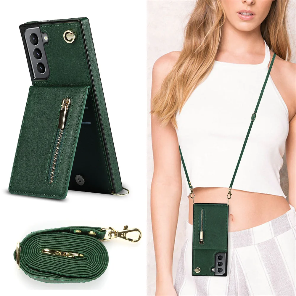 

Crossbody Zipper Pocket Card Holder Square Case for Samsung S21 Ultra S20 FE S10E S10 S9 Plus Neck Strap Shoulder Bag Cover