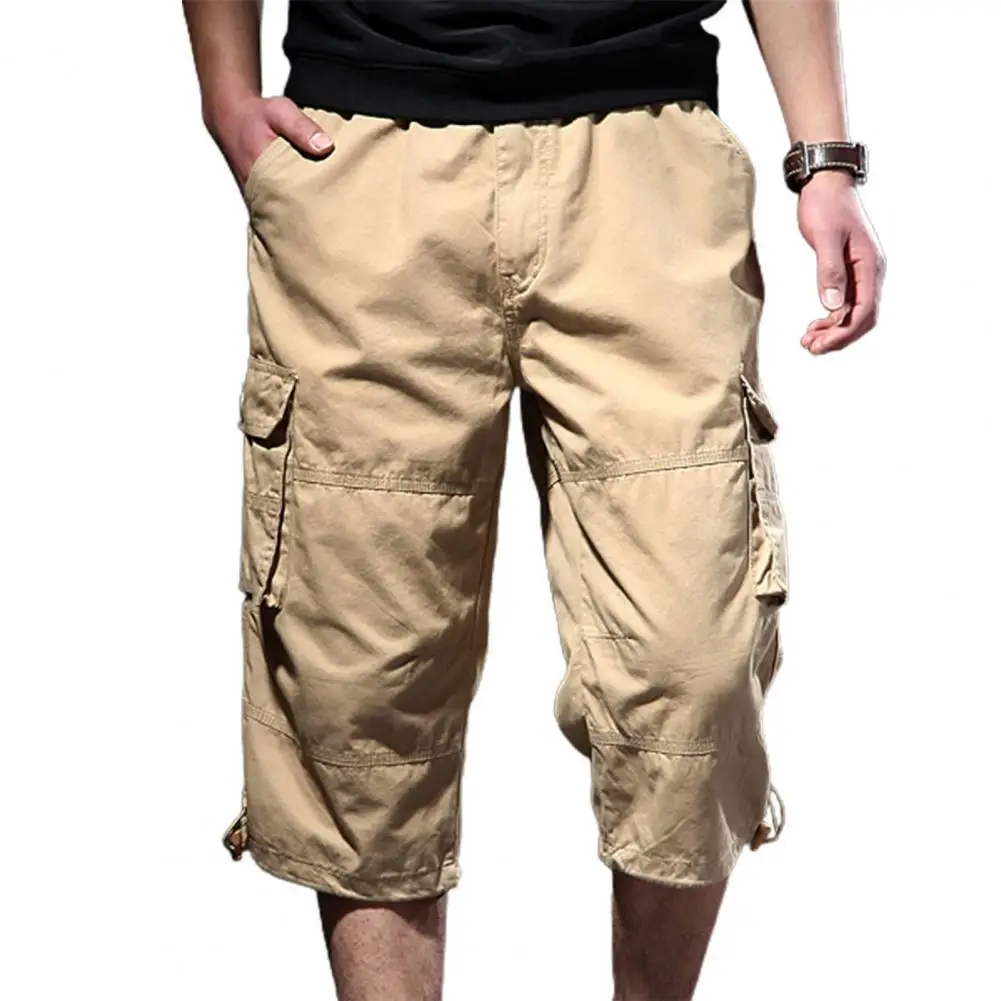 

New Men Cropped Pants Solid Color Thin Loose Type Mid-half Length Stretchy Waist Men Casual Pocket Design Cargo Trousers