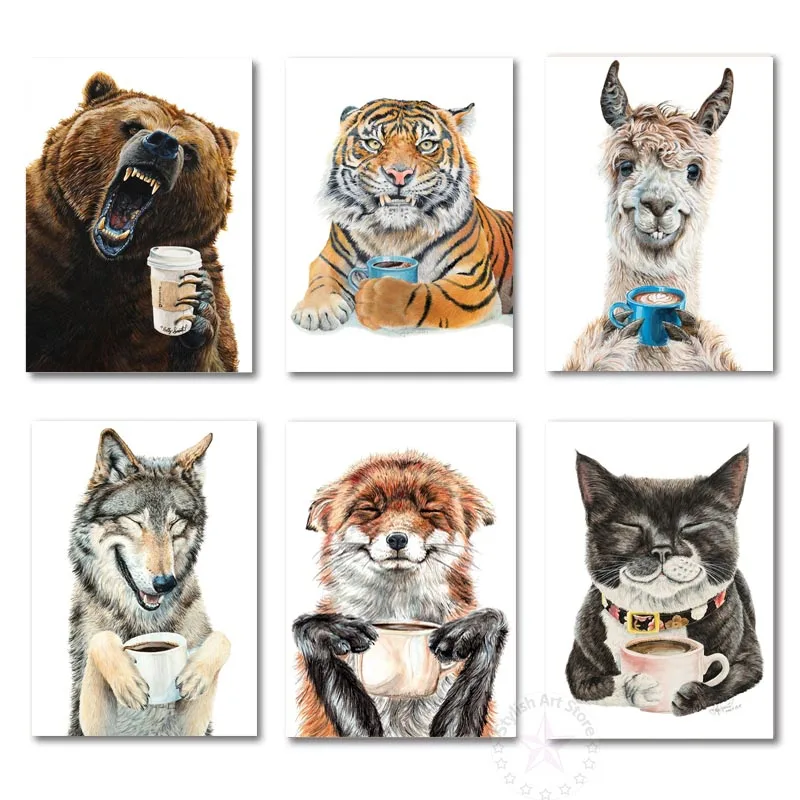 

Abstract Animals Cartoon Canvas Painting Prints Llama Latte Tiger Fox Poster Drinking Coffee Wall Art for Kitchen Bar Wall Decor
