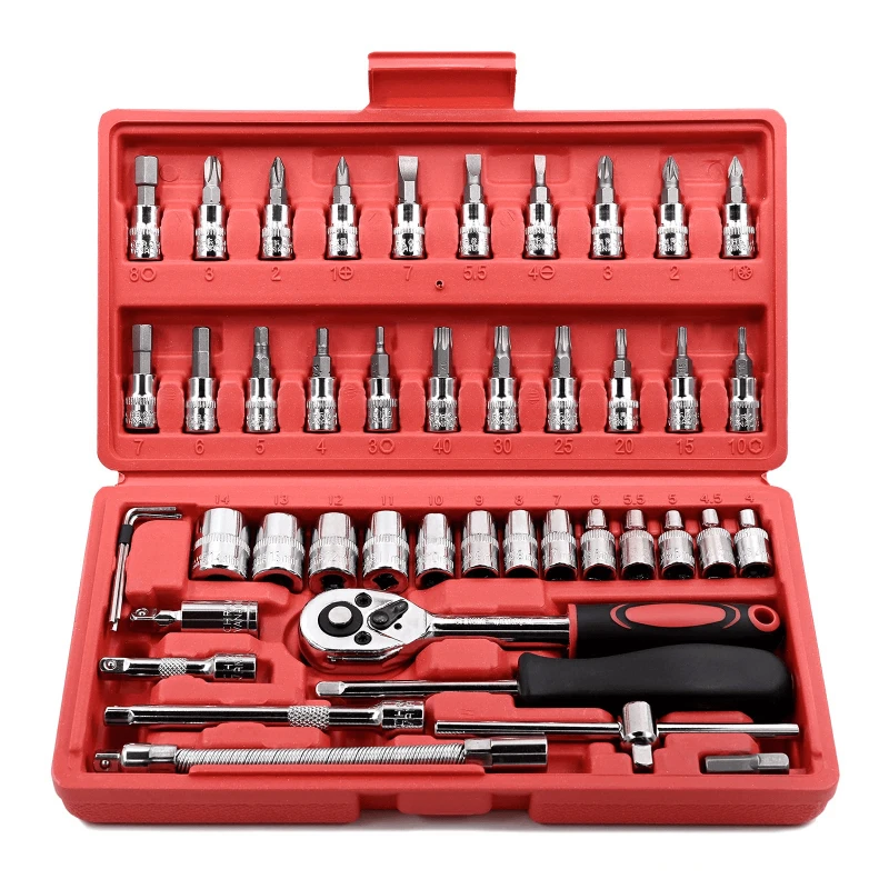 

46 Pieces 1/4 inch Drive Socket Ratchet Wrench Set, with Bit Socket Set Metric and Extension Bar for Auto Repairing and Househol