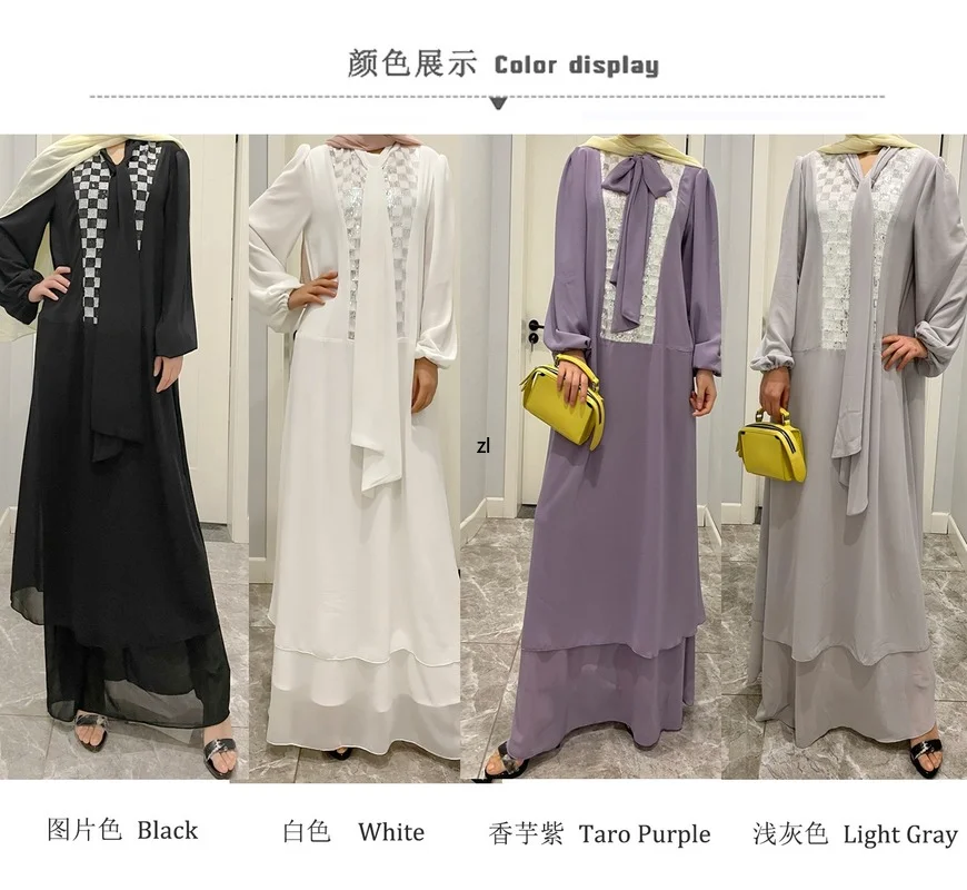 Summer Sequin Chiffon Arabic Long Dress for Muslim Women Dubai Abaya Turkey Pakistani Islamic Clothing African Dresses for Women