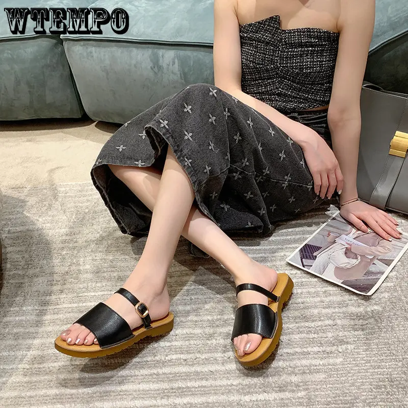 WTEMPO Fashion Slippers Summer Women's Outer Wear Flat Bottom One Word Drag Leather Soft Bottom Anti-slip Sandals Wholesale