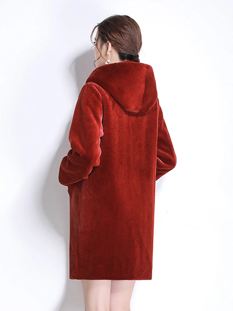 Nerazzurri Winter Women Faux Fur Coat with Hood Long Sleeve Red Black Warm Soft Plush Fluffy Jacket Casual Korean Style Fashion