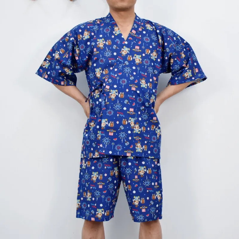 Male And Female Couple Kimono Short-sleeved Cotton Anime Summer Loose Print Pajamas Set