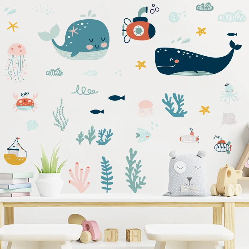 

Мультяшные китовые настенные наклейки для детей мальчиков детская комната декоративные обои самоклеящиеся виниловые фрески водонепрониц...