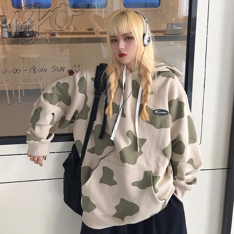 

Winter Warm Pocket Hooded Sweatshirt Casual Loose Print Winter Pullover Ladies Cute Cow Print Ladies Oversized Hoodie