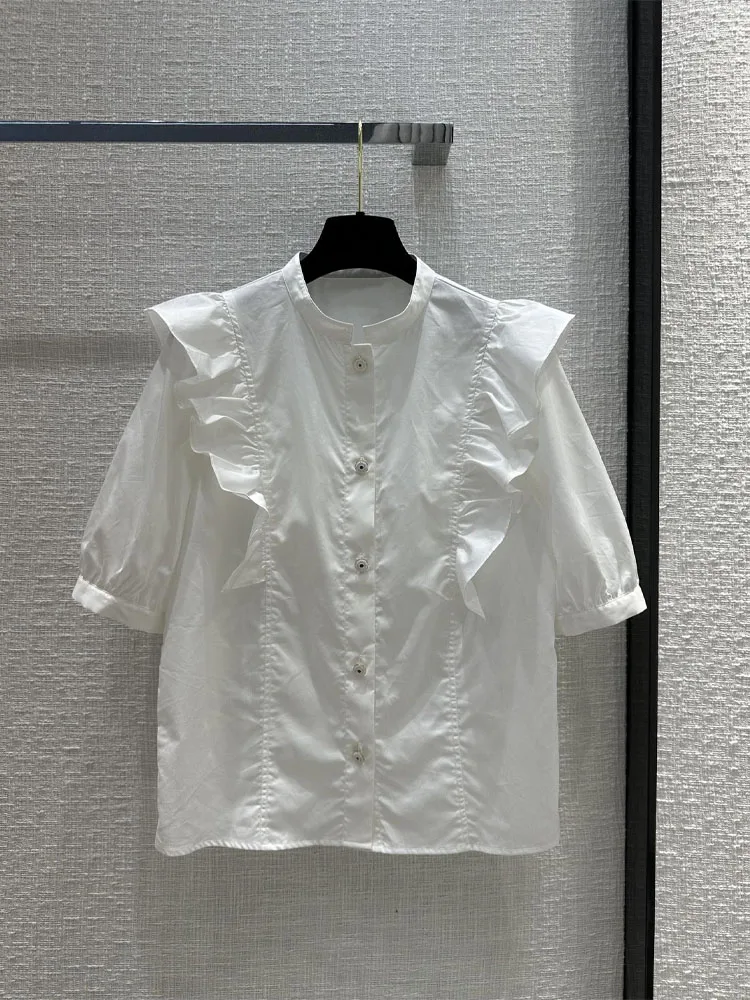 

Leisure Ruffles collar Shirts Button Lapel Top Lady Shorts Seelve shirt Womens Blouses Vintage Blouse Shirts