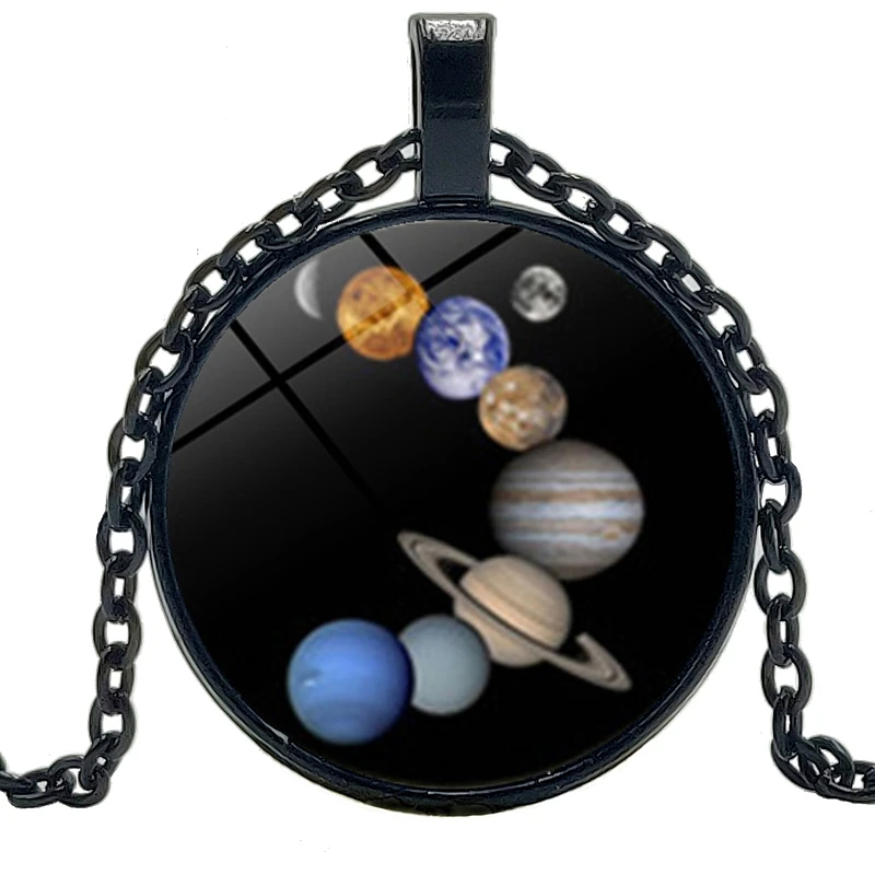 

2019 Hot Fashion Glamour Nine Planets Universe Time Crystal Glass Convex Round Pendant Necklace Clothing Sweater Chain Jewelry
