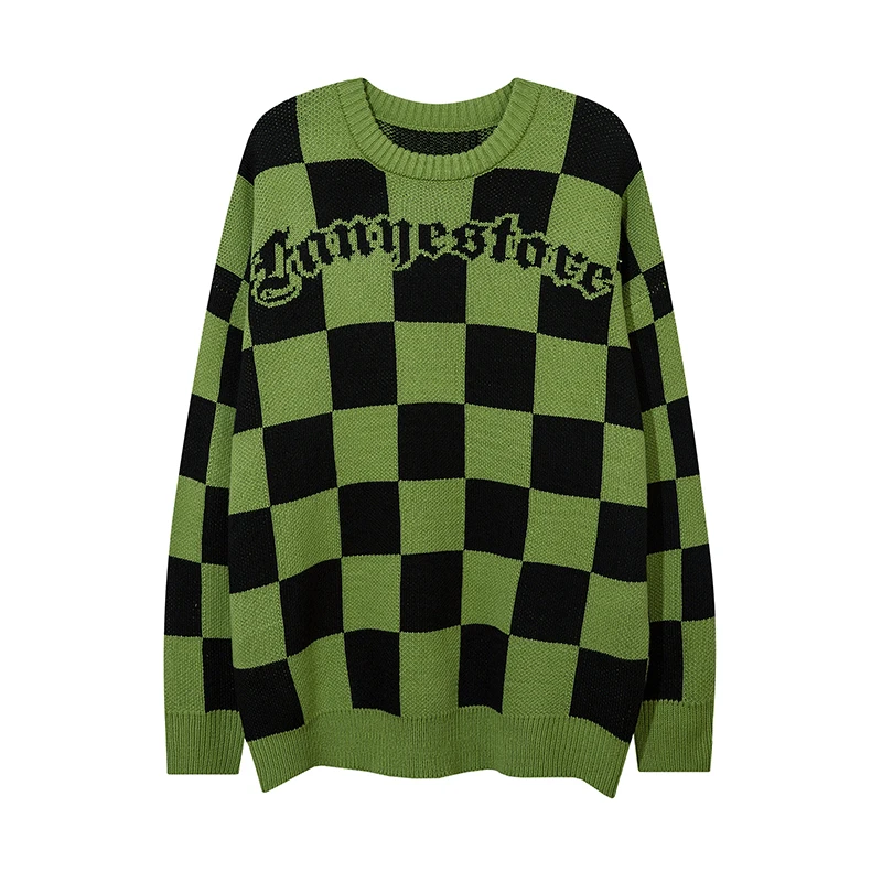 

Hip Hop Retro Color Block Checkered Letter Embroidery Loose Sweaters Men and Women Crew Neck Pullover Casual Knitted Sweater