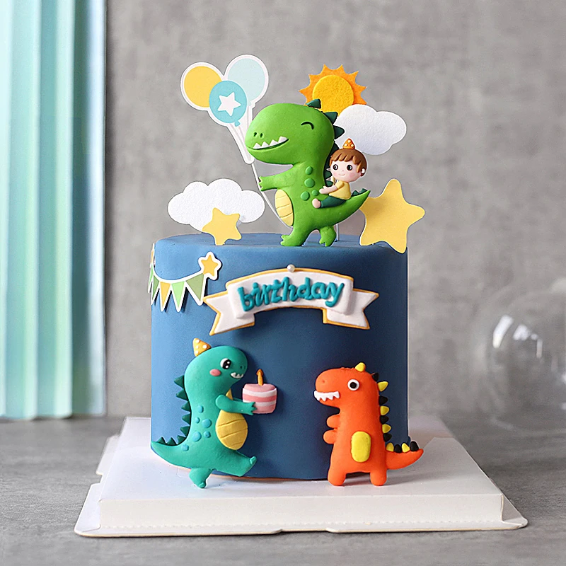 Cool Cartoon Boy ride on Dinosaur Balloon Party Boy's Birthday Cake Topper Dessert Decoration Sun Cloud