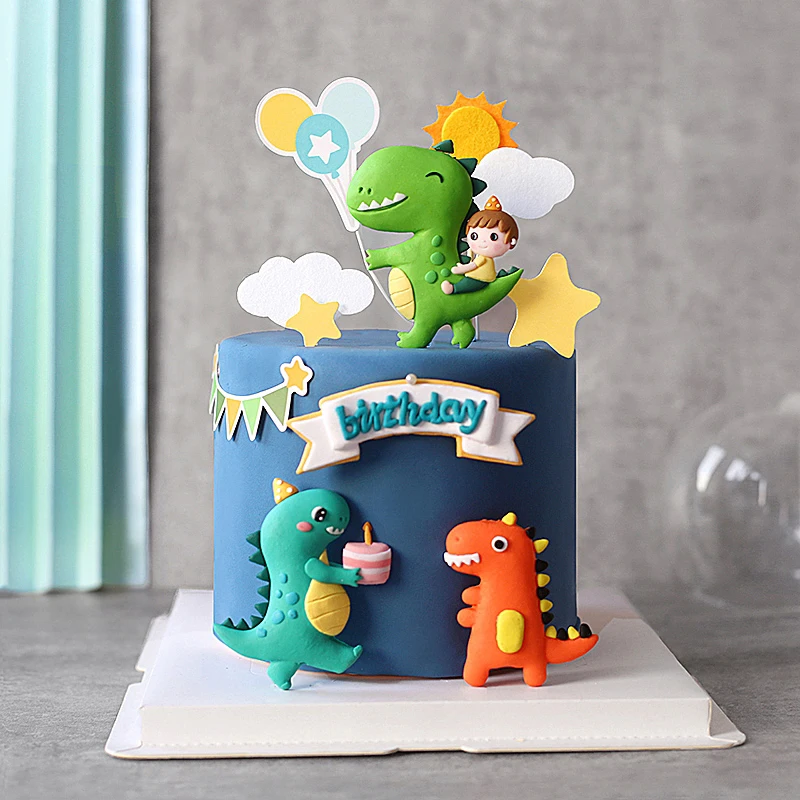 

Cool Cartoon Boy ride on Dinosaur Balloon Party Boy's Birthday Cake Topper Dessert Decoration Sun Cloud