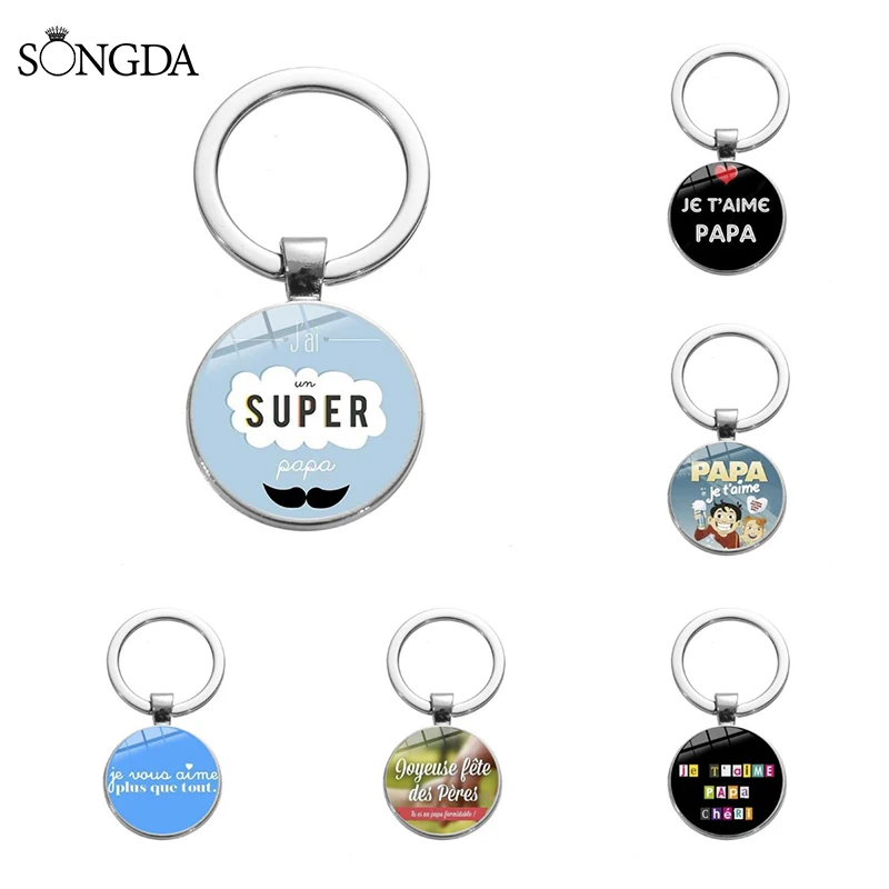 

Super Papa Keychain Father's Day Gift Men Jewelry Je t'aime Papa Fashion Pattern Glass Dome Pendant Car Keyring Chains for Dad