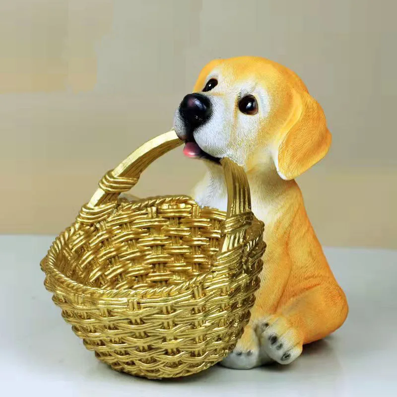 

Golden Retriever Puppy with Basket Key Storage Ornament Living Room Home Candy Tray Flower Basket Resin Decorative Gift Decor