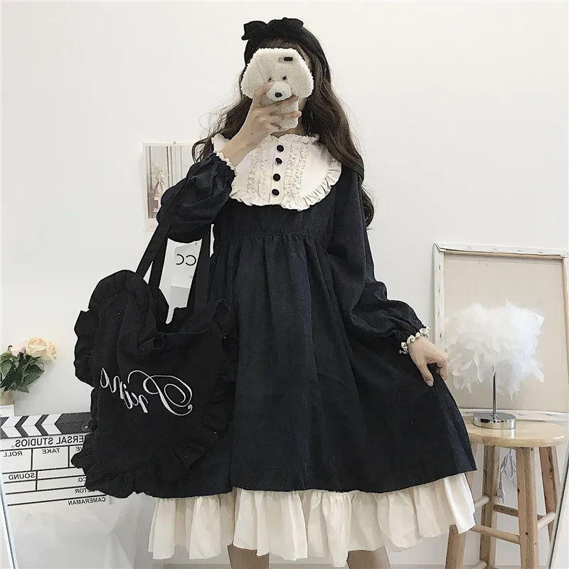 

Milkmaid Dress 2021 Autumn Women Dresses Japanese Style O-Neck High Waist Slimming Ruffled Kawaii Cute Sweet Lolita Dress Black