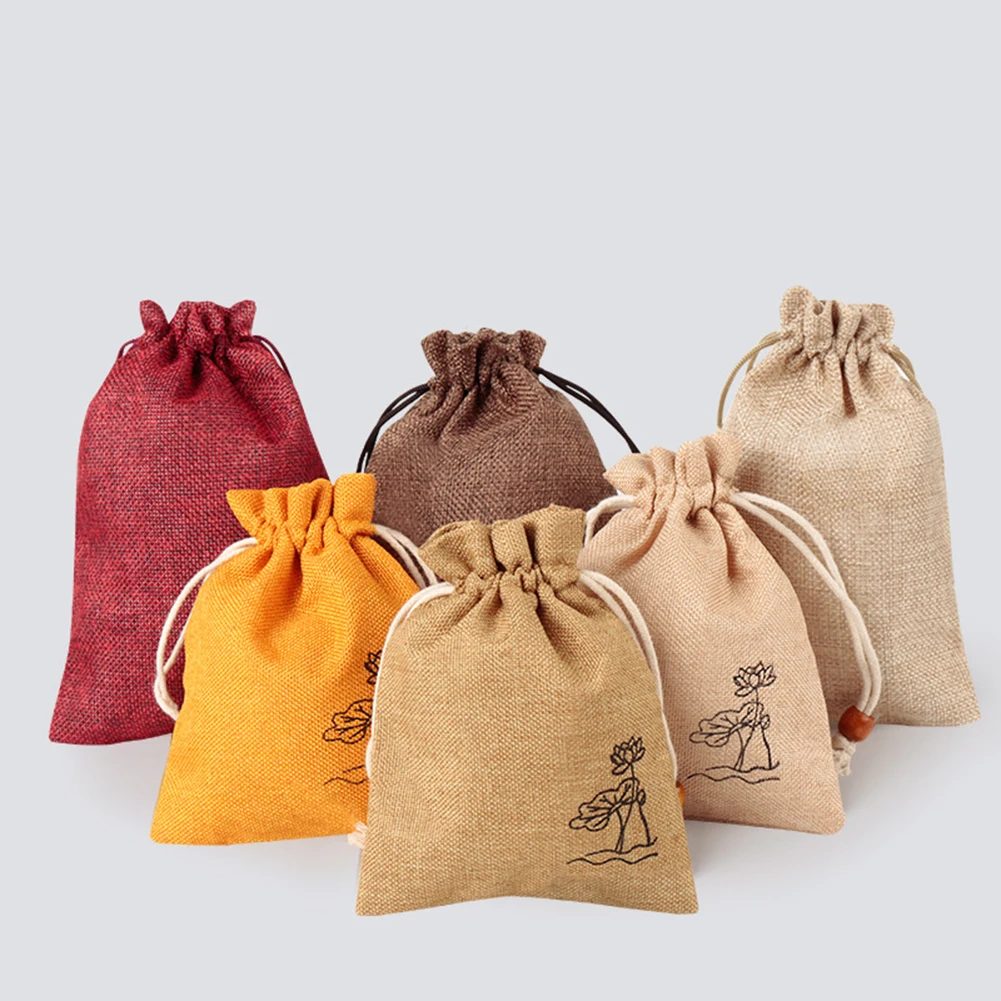

Vintage Lotus Natural Linen Burlap Bag Jute Gift Bag Drawstring Gift Bags With Handles Gift Packaging Party Favor Candy Bags