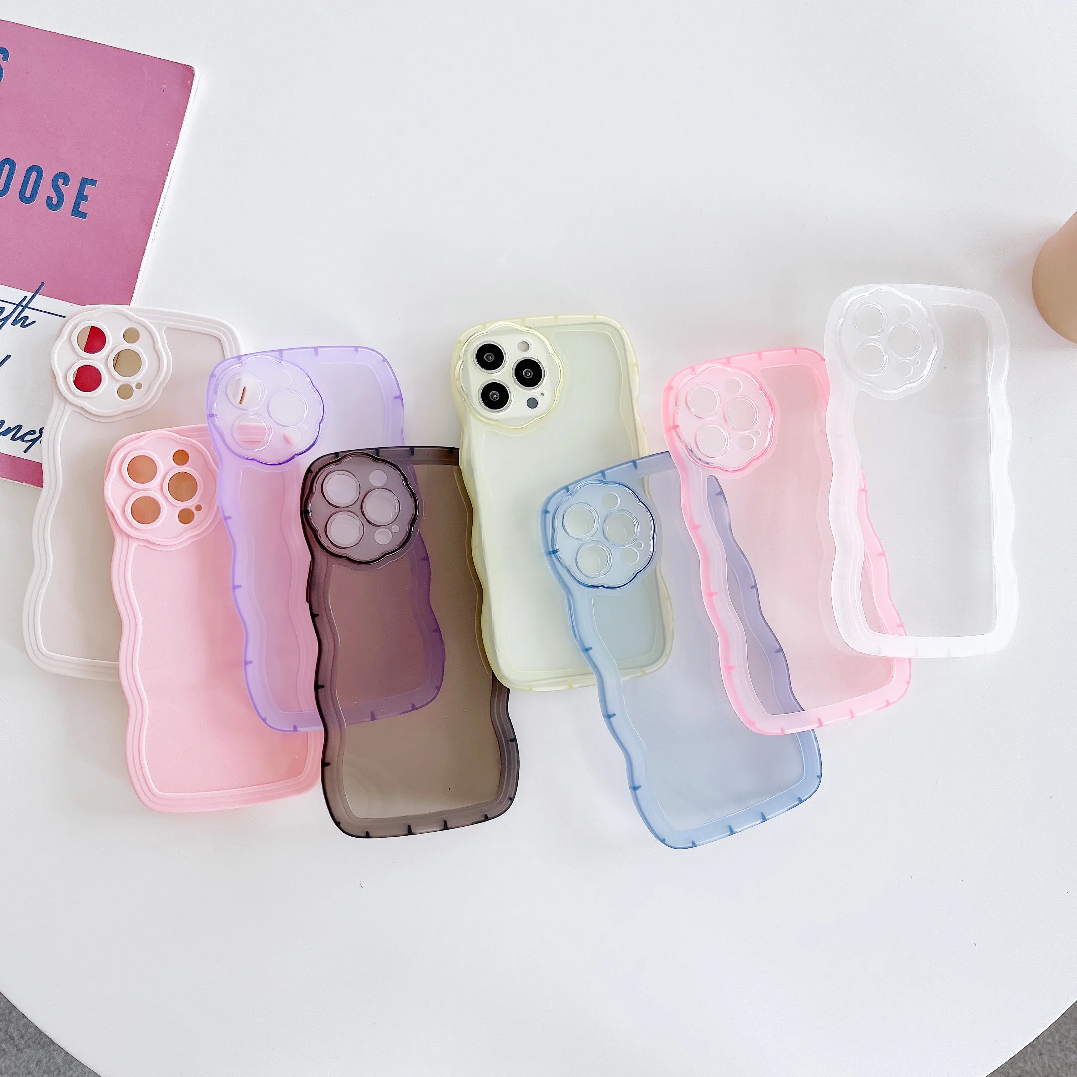

Macaron Color Wavy Frame Phone Case For iPhone 14 13 12 11 Pro Max XR XS Max Crystal Clear Shockproof Soft Back Cover Bumper