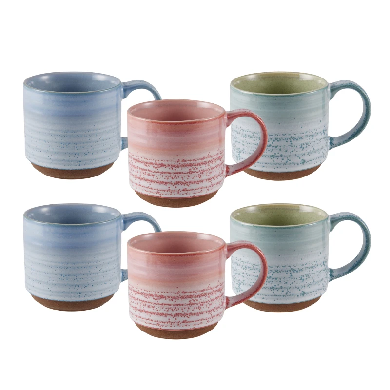 

15-Ounce Reactive Brush with Clay Set of 6 Stoneware Mugs in 3 Colorways