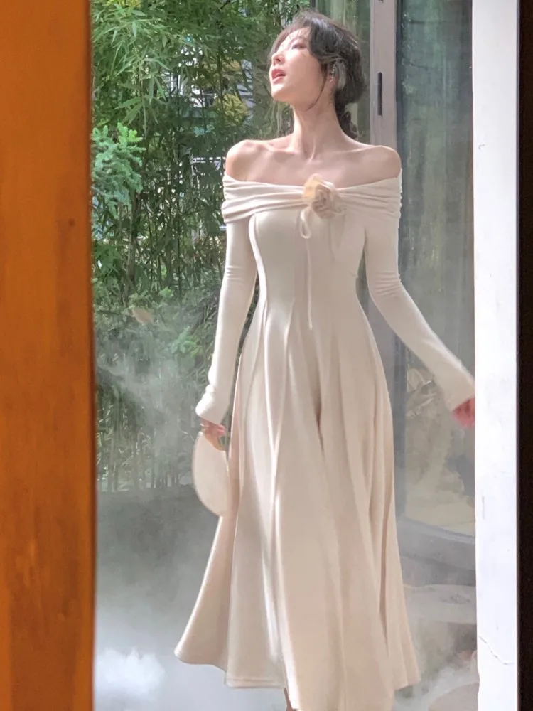 

Fashion Women Elegant Off Shoulder Party Dress French Solid Lady Vintage Long Sleeve Maxi Dresses Sexy New Flora Vestidos Robe