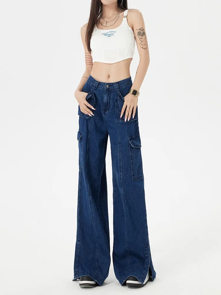 

Женские винтажные синие джинсы с высокой талией, брюки-карго из денима в американском стиле с разрезом на бедрах и карманами, новинка на весну
