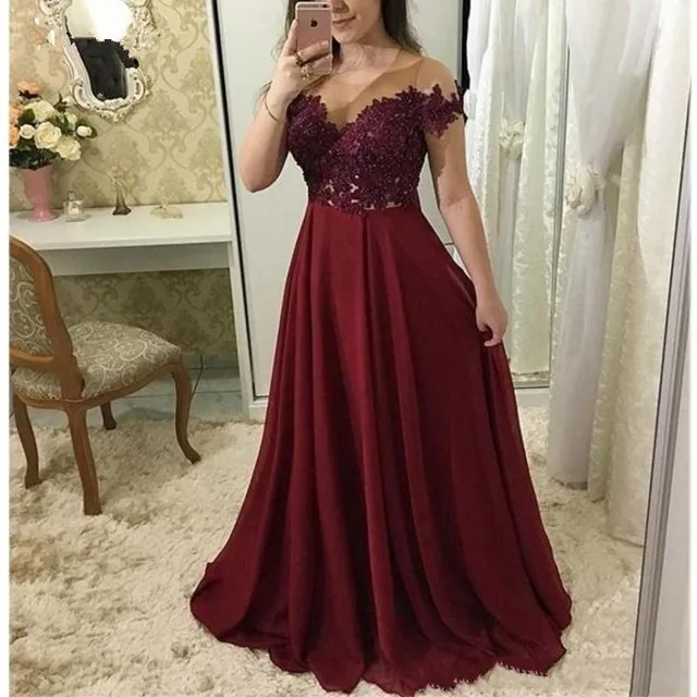 

ANGELSBRIDEP Burgundy Long Evening Party Gowns Chiffon Vestidos de festa Sexy Illusion Neckline Special Occasion Prom Dress HOT